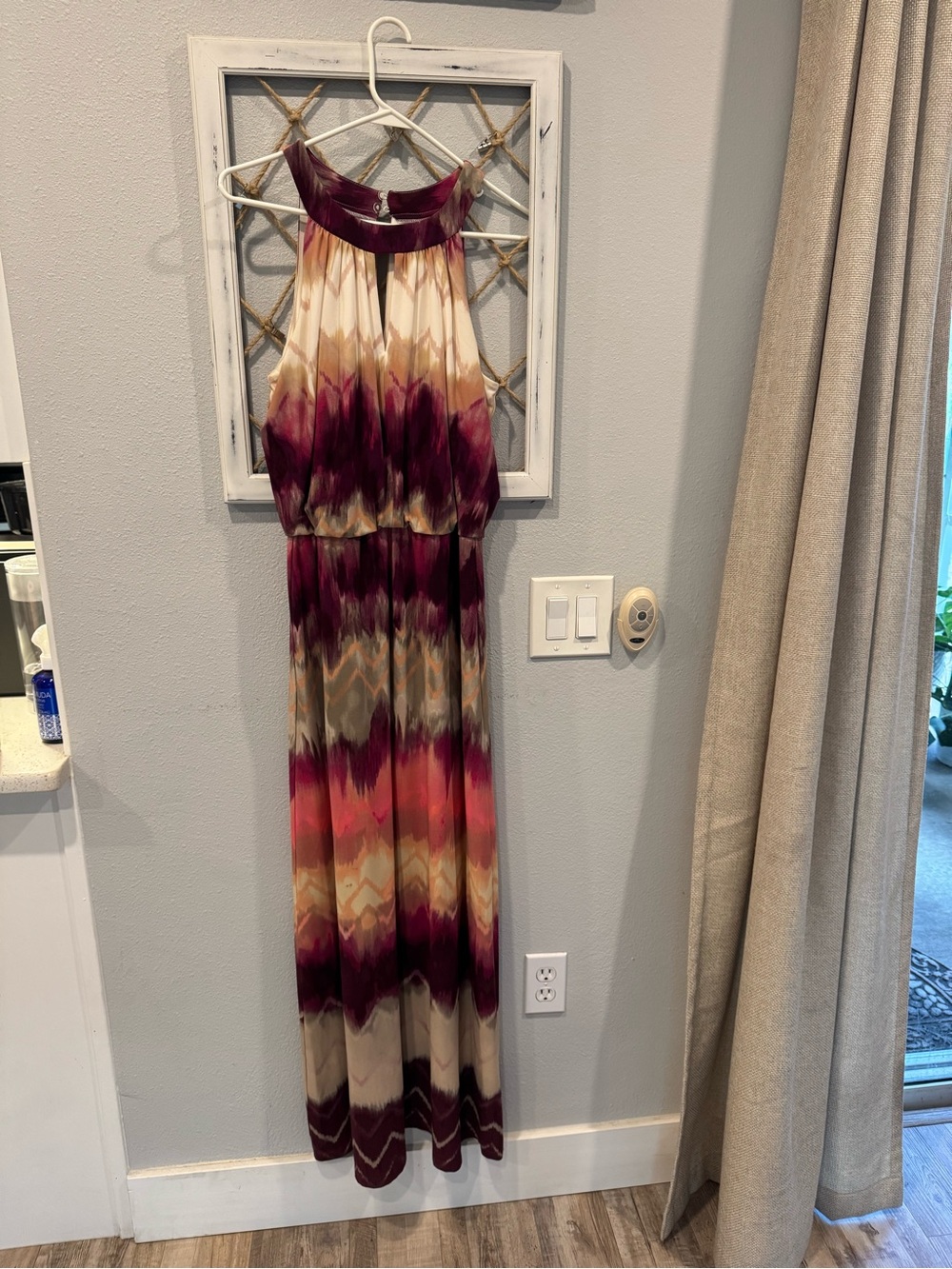 Metaphor Multicolor Halter Maxi Dress in Burgundy and Cream